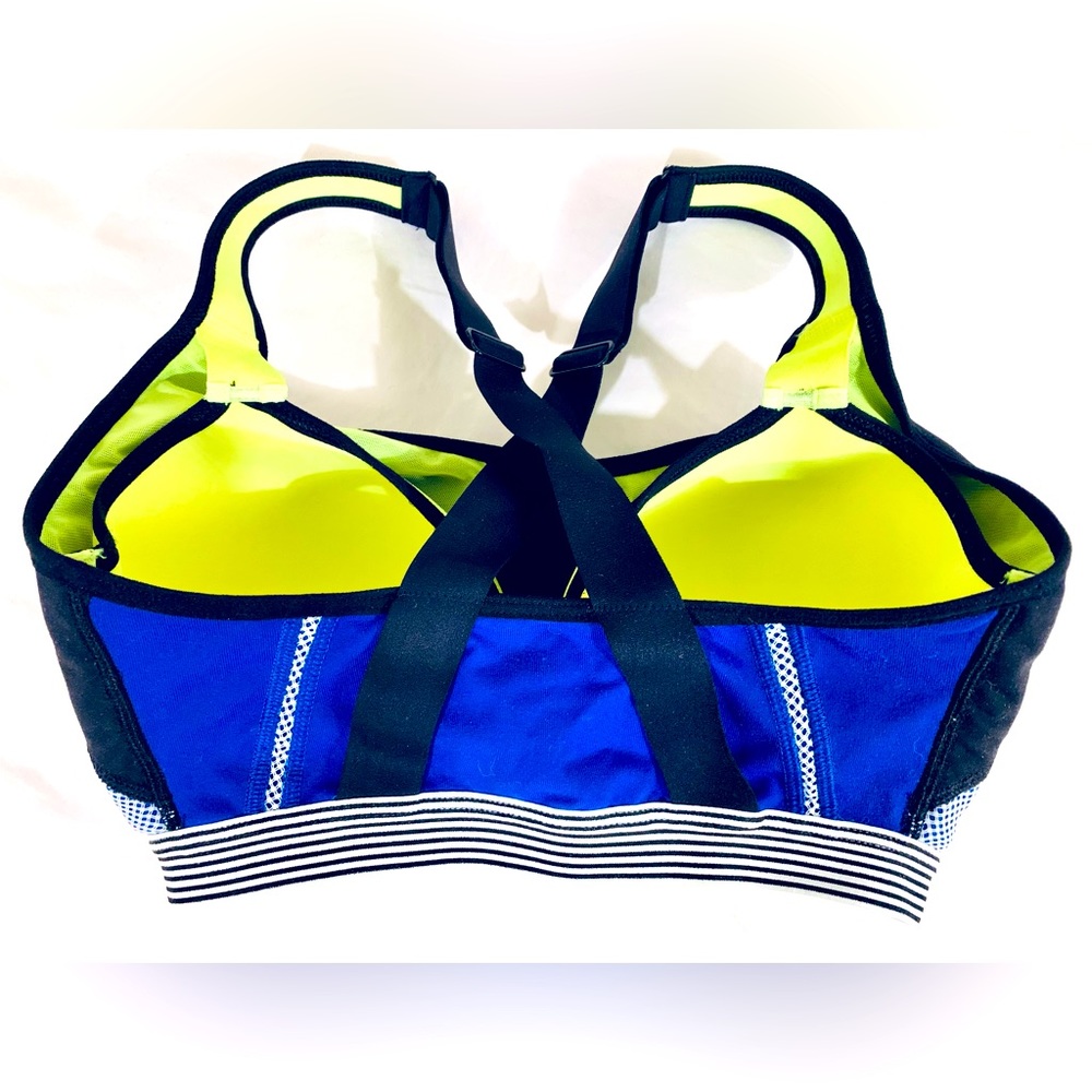VSX Sports Bra, 32DD, 32D, White Mesh/Electric Blue/Neon Yellow, “The Knockout”